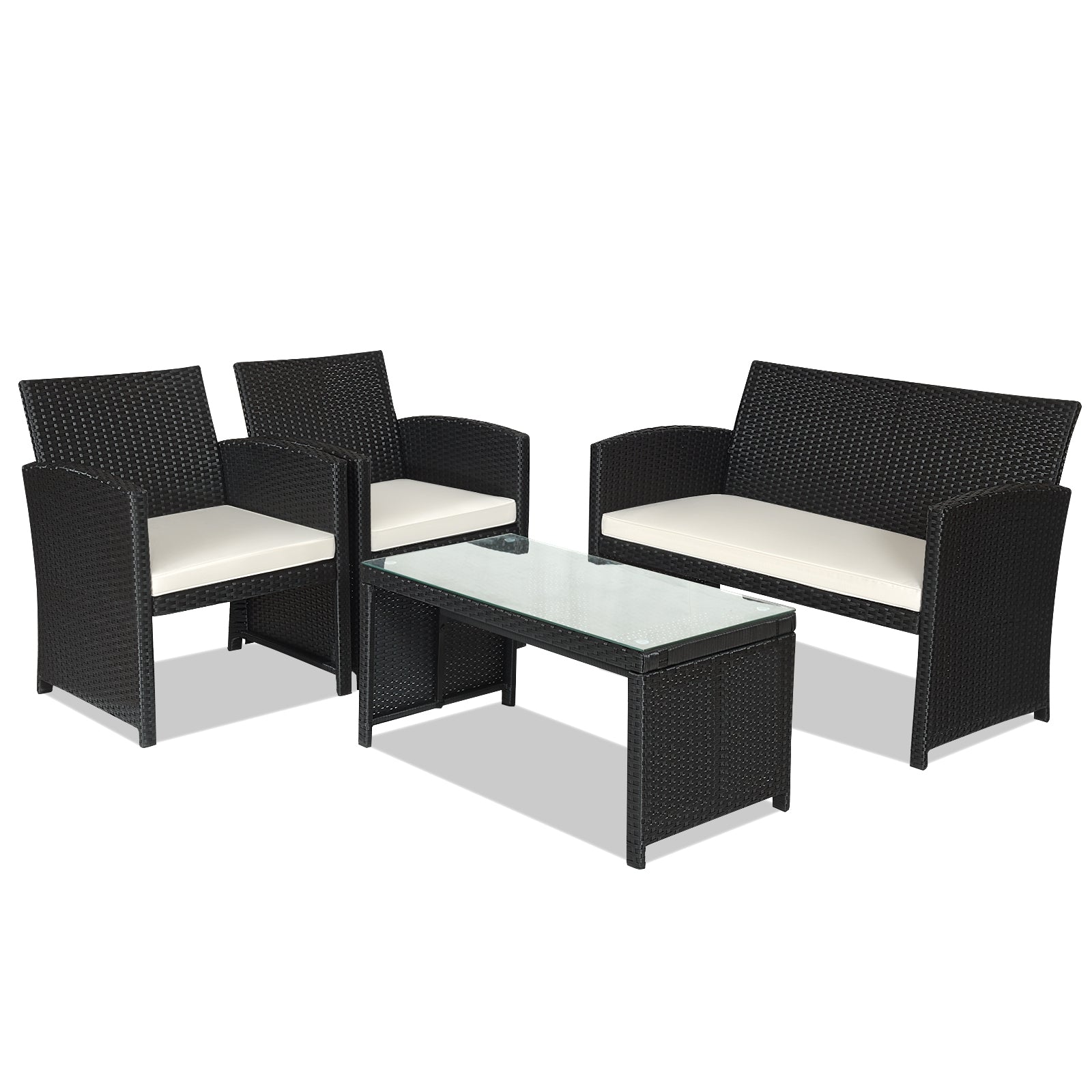 4 Pieces Rattan Patio Furniture Set with Weather Resistant Cushions and Tempered Glass Tabletop-WhiteÂ 