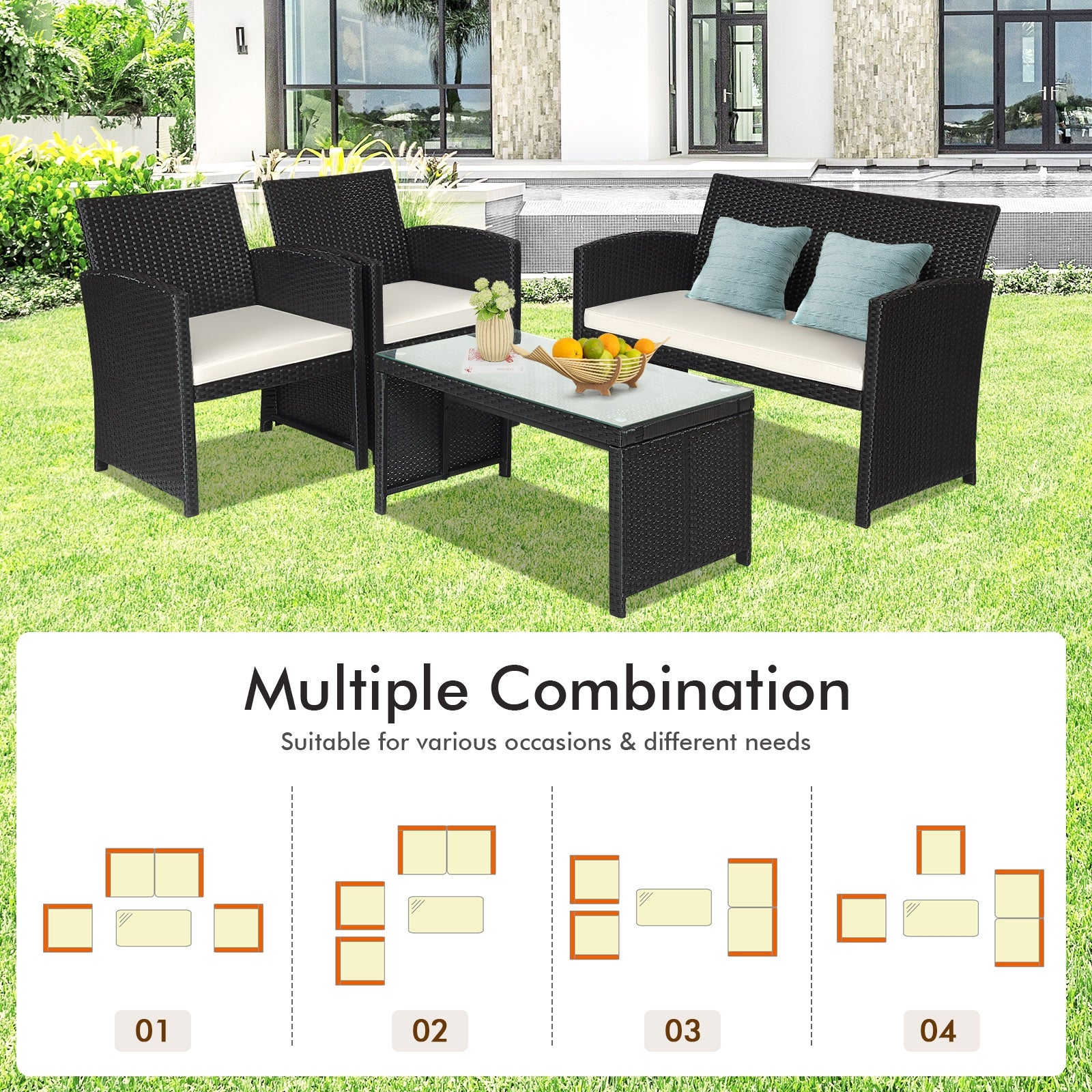 4 Pieces Rattan Patio Furniture Set with Weather Resistant Cushions and Tempered Glass Tabletop-WhiteÂ 