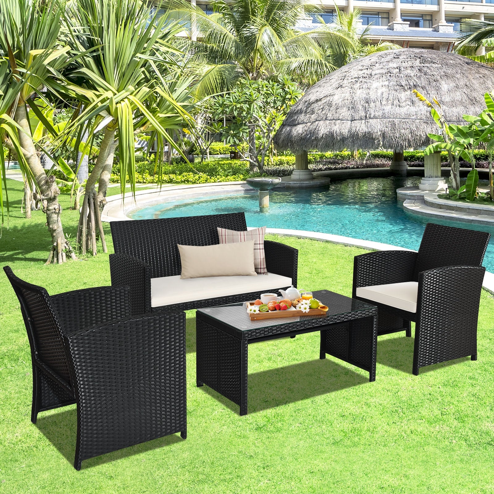 4 Pieces Rattan Patio Furniture Set with Weather Resistant Cushions and Tempered Glass Tabletop-WhiteÂ 