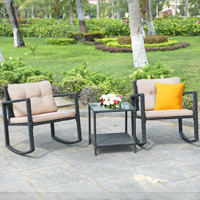 3 Pieces Wicker Rocking Bistro Set with Glass Coffee Table and Storage Shelf-BeigeÂ 