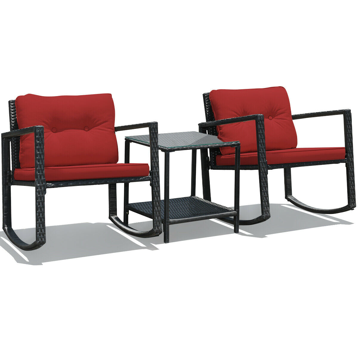 3 Pcs Wicker Rocking Bistro Set with Glass Coffee Table and Storage Shelf-RedÂ 