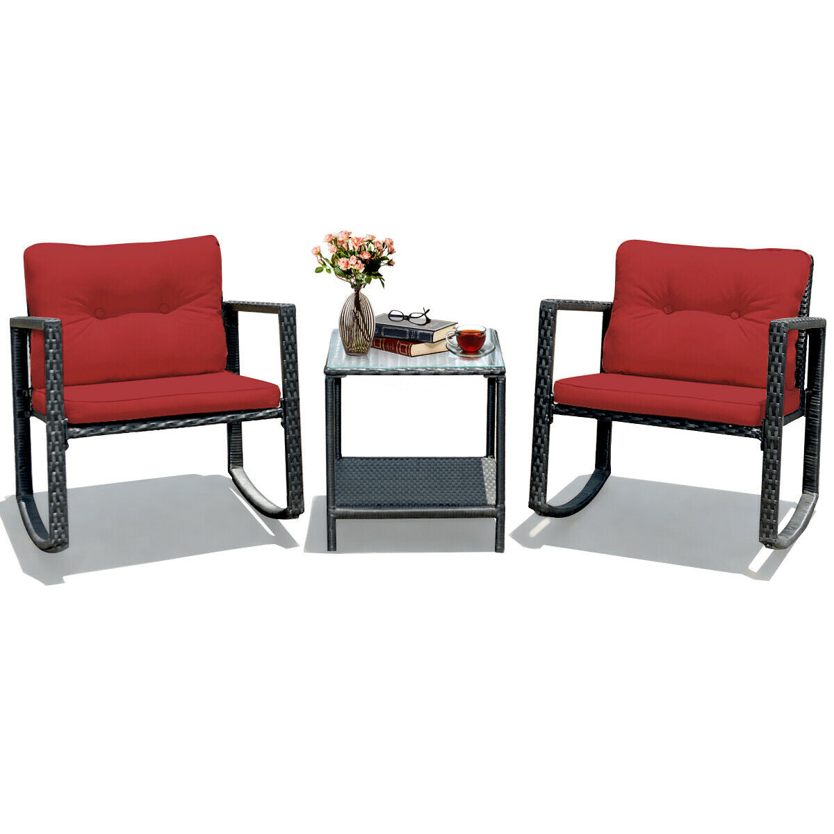 3 Pcs Wicker Rocking Bistro Set with Glass Coffee Table and Storage Shelf-RedÂ 