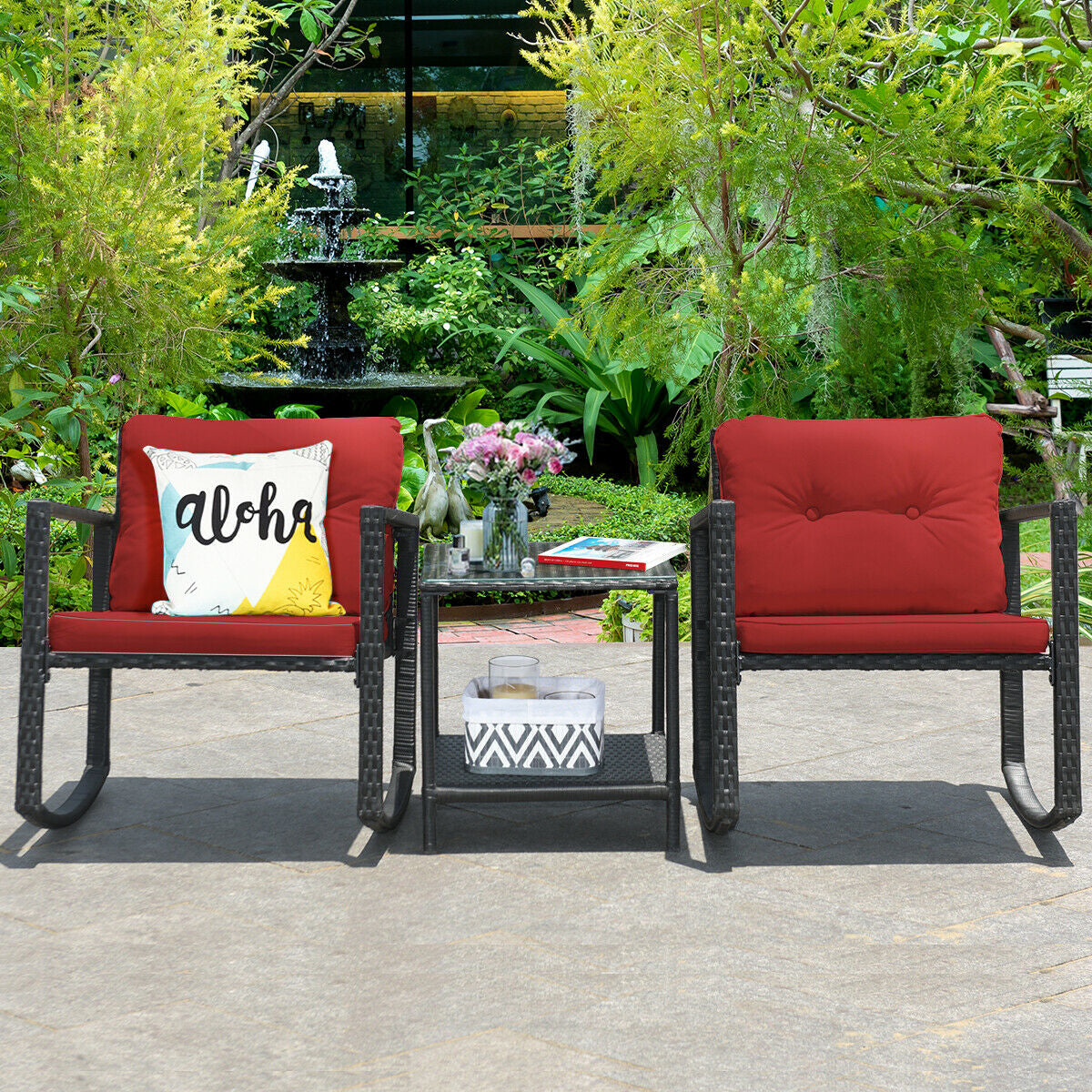 3 Pcs Wicker Rocking Bistro Set with Glass Coffee Table and Storage Shelf-Red