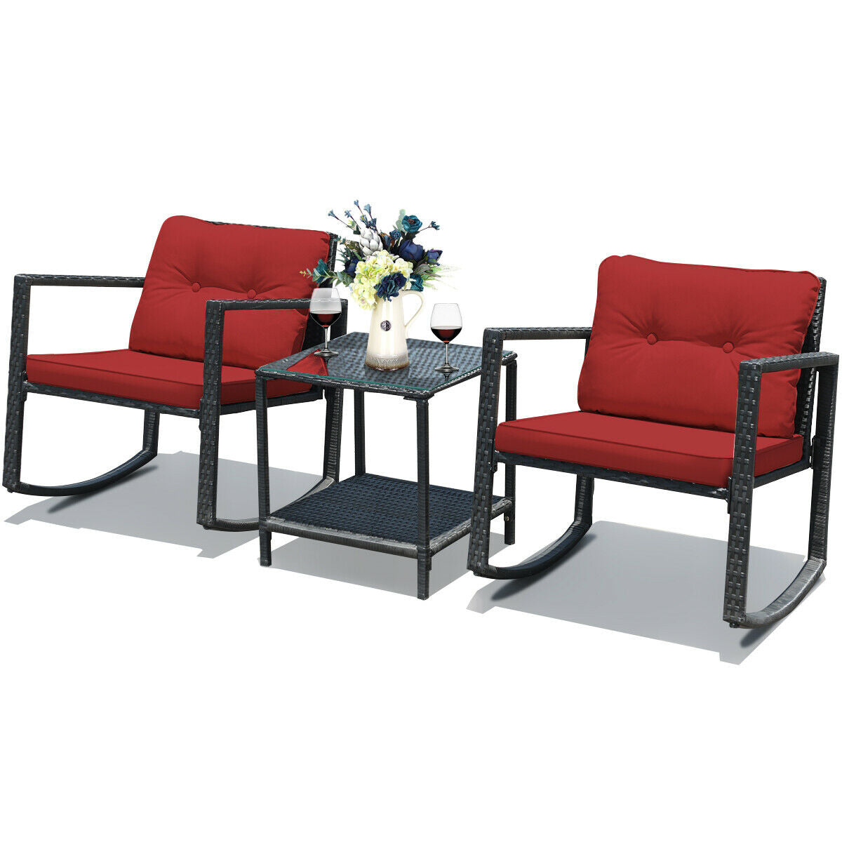 3 Pcs Wicker Rocking Bistro Set with Glass Coffee Table and Storage Shelf-RedÂ 