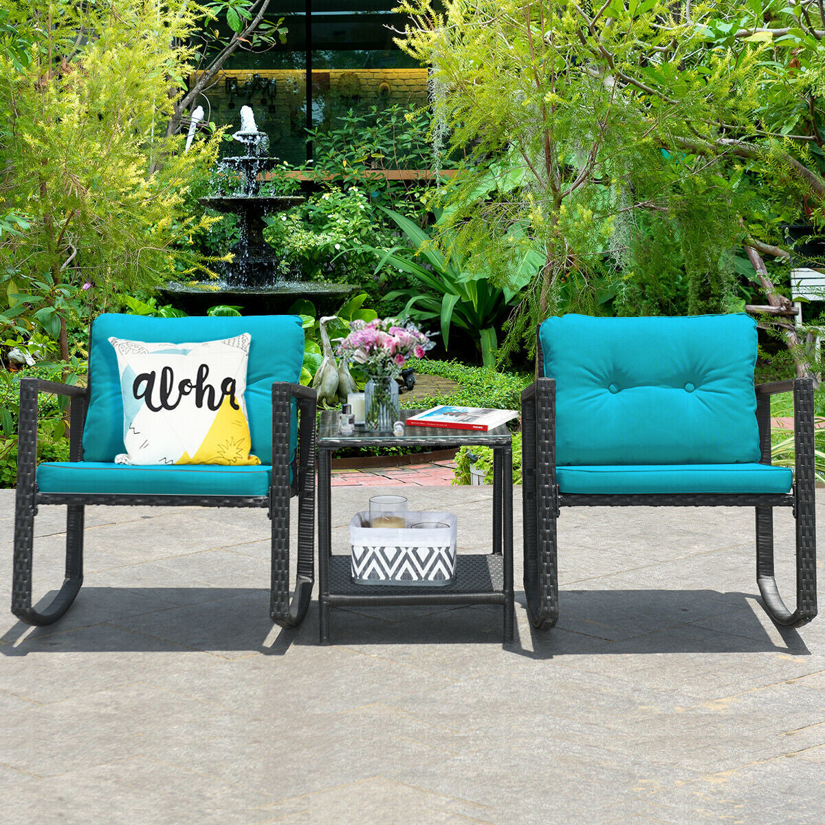 3 Pcs Wicker Rocking Bistro Set with Glass Coffee Table and Storage Shelf-Turquoise