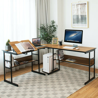 L-Shaped Computer Desk with Tiltable Tabletop-WalnutÂ 