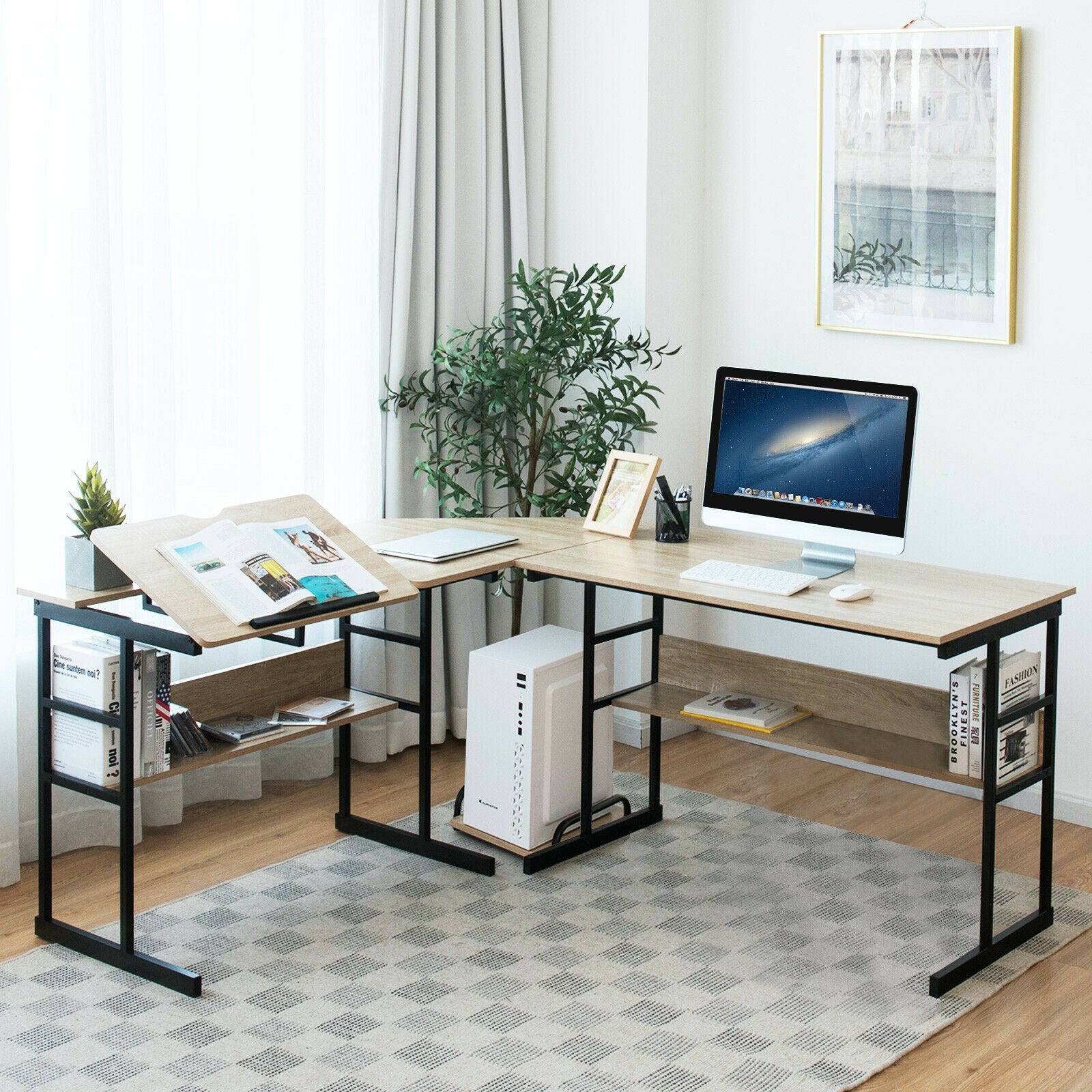 L-Shaped Computer Desk with Tiltable Tabletop-Natural