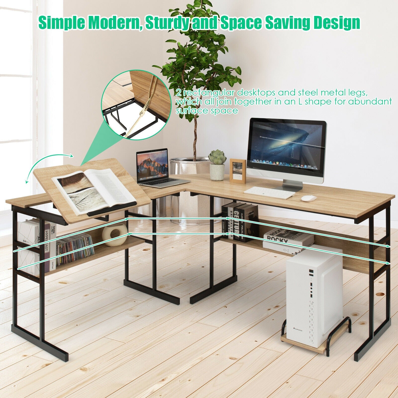 L-Shaped Computer Desk with Tiltable Tabletop-Natural