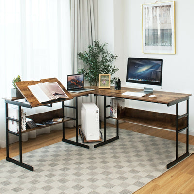 L-Shaped Computer Desk with Tiltable Tabletop-Rustic BrownÂ 