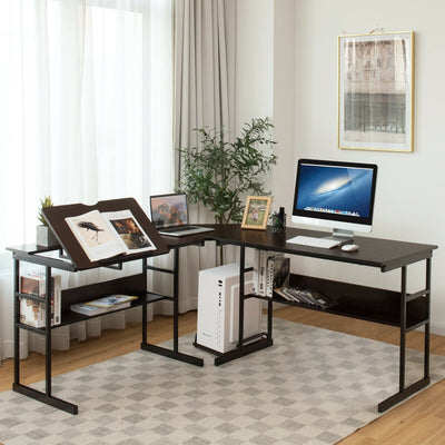 L-Shaped Computer Desk with Tiltable Tabletop-BrownÂ 