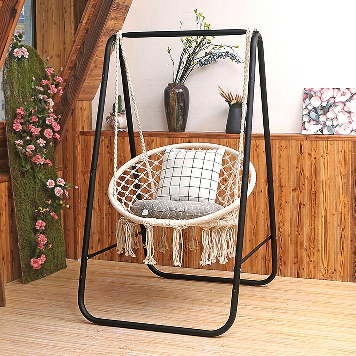 Hanging Macrame Hammock Chair with Handwoven Cotton Backrest-NaturalÂ 