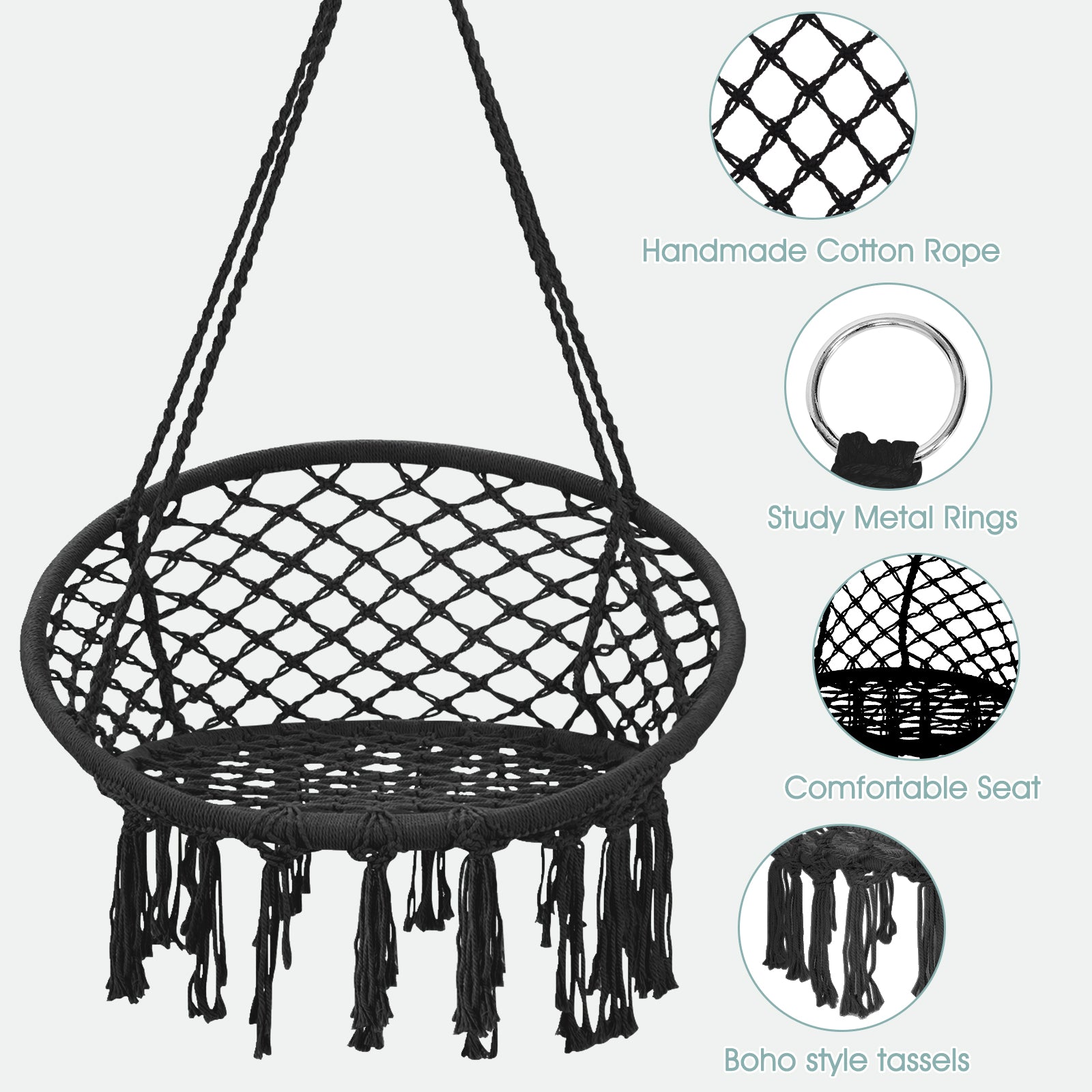 Hanging Macrame Hammock Chair with Handwoven Cotton Backrest-BlackÂ 