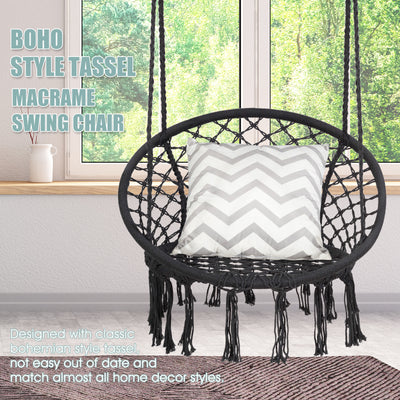 Hanging Macrame Hammock Chair with Handwoven Cotton Backrest-BlackÂ 