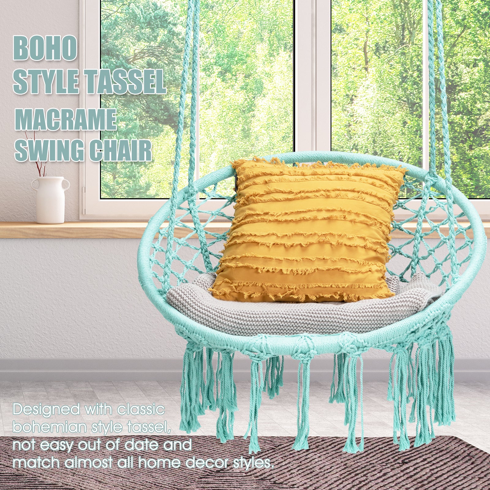 Hanging Macrame Hammock Chair with Handwoven Cotton Backrest-TurquoiseÂ 