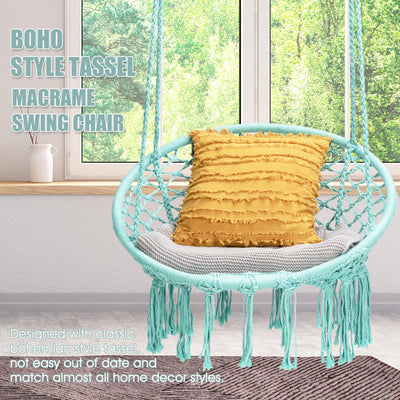 Hanging Macrame Hammock Chair with Handwoven Cotton Backrest-TurquoiseÂ 