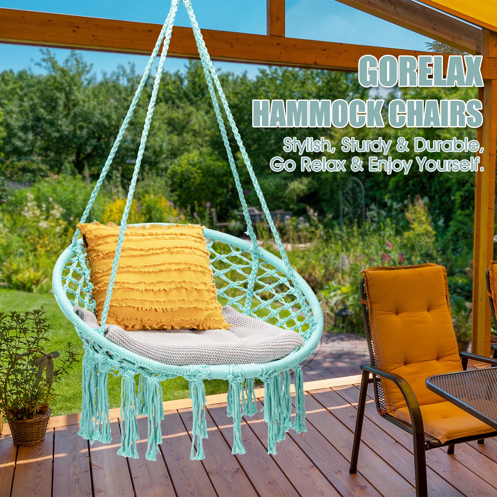 Hanging Macrame Hammock Chair with Handwoven Cotton Backrest-Turquoise