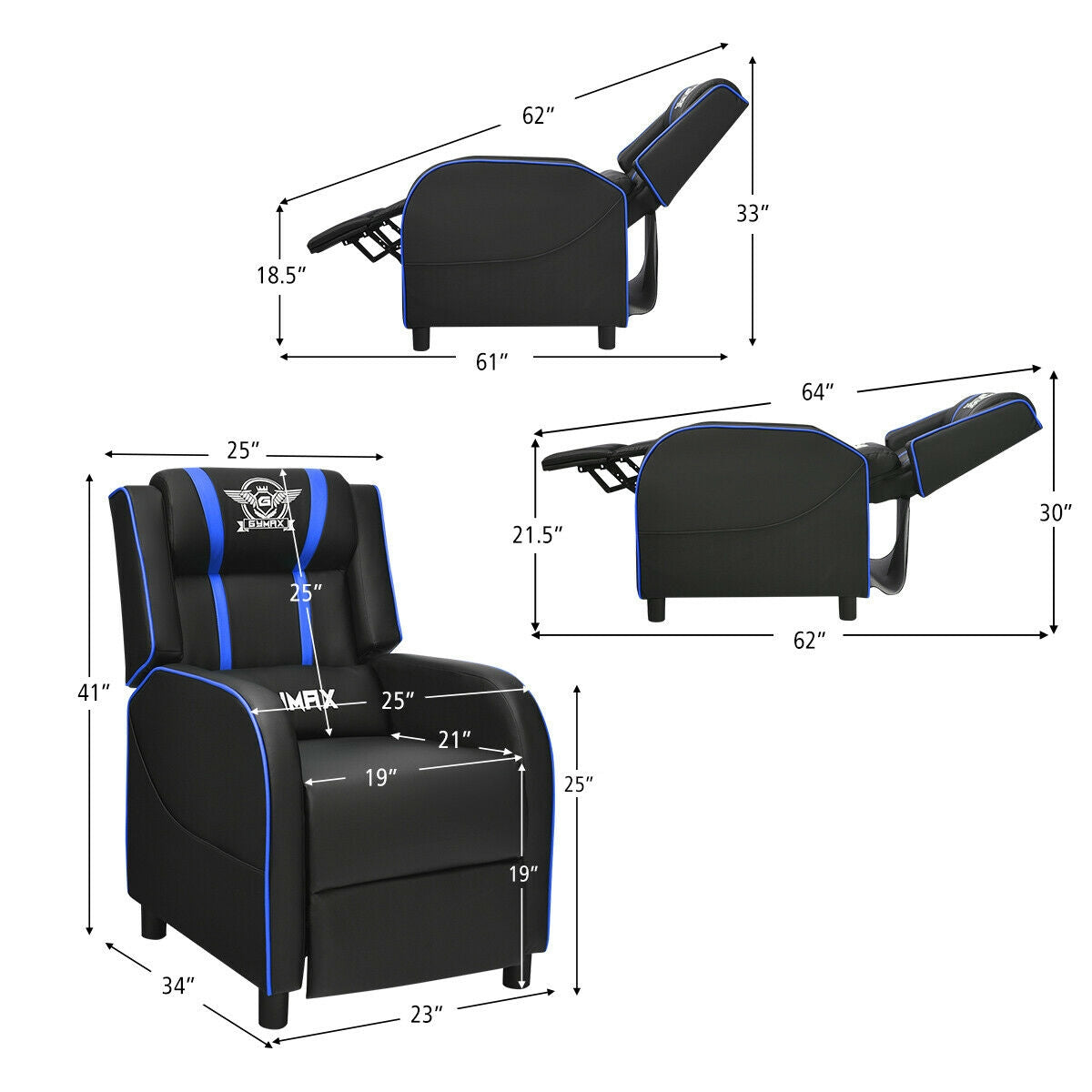 Massage Racing Gaming Single Recliner Chair-BlueÂ 