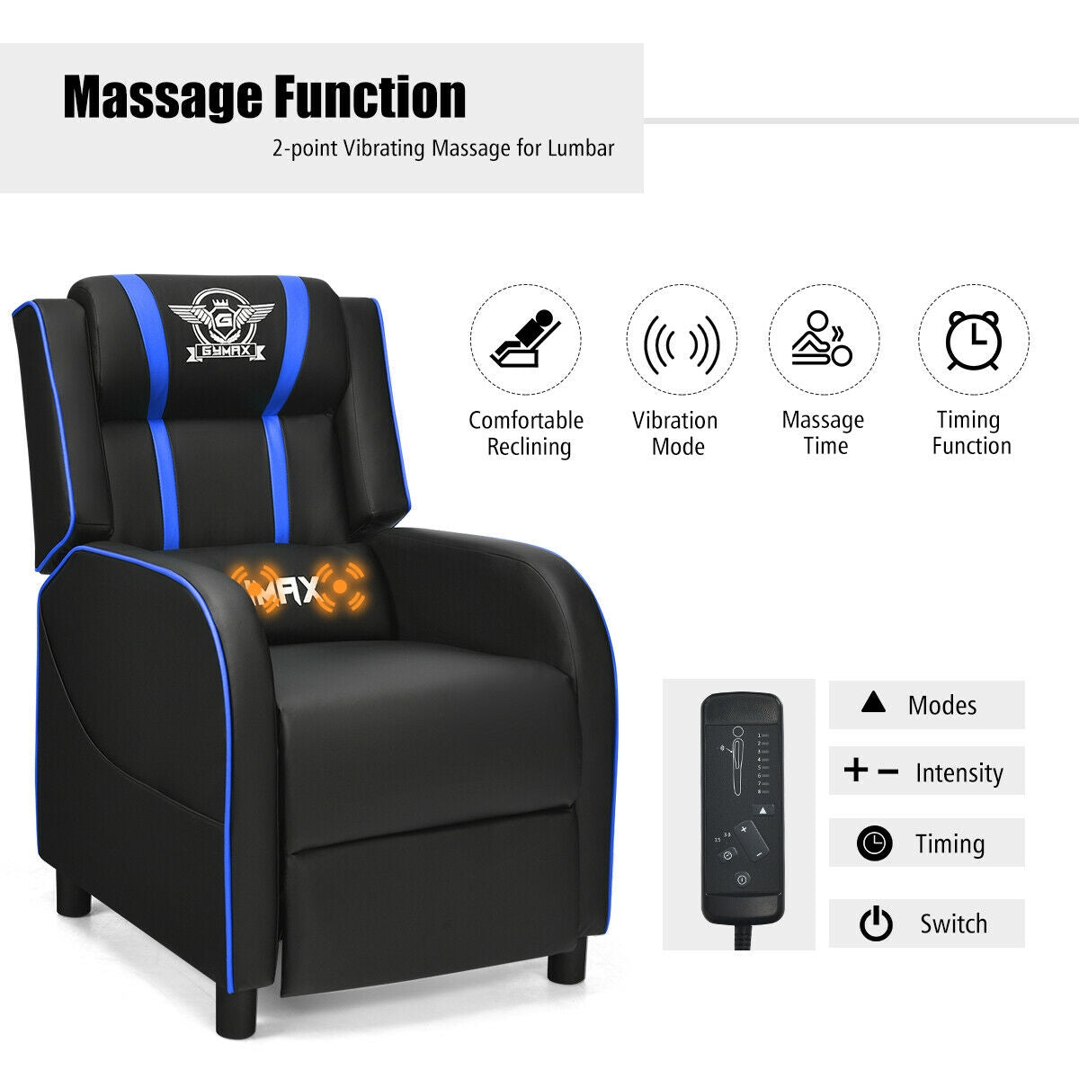 Massage Racing Gaming Single Recliner Chair-BlueÂ 