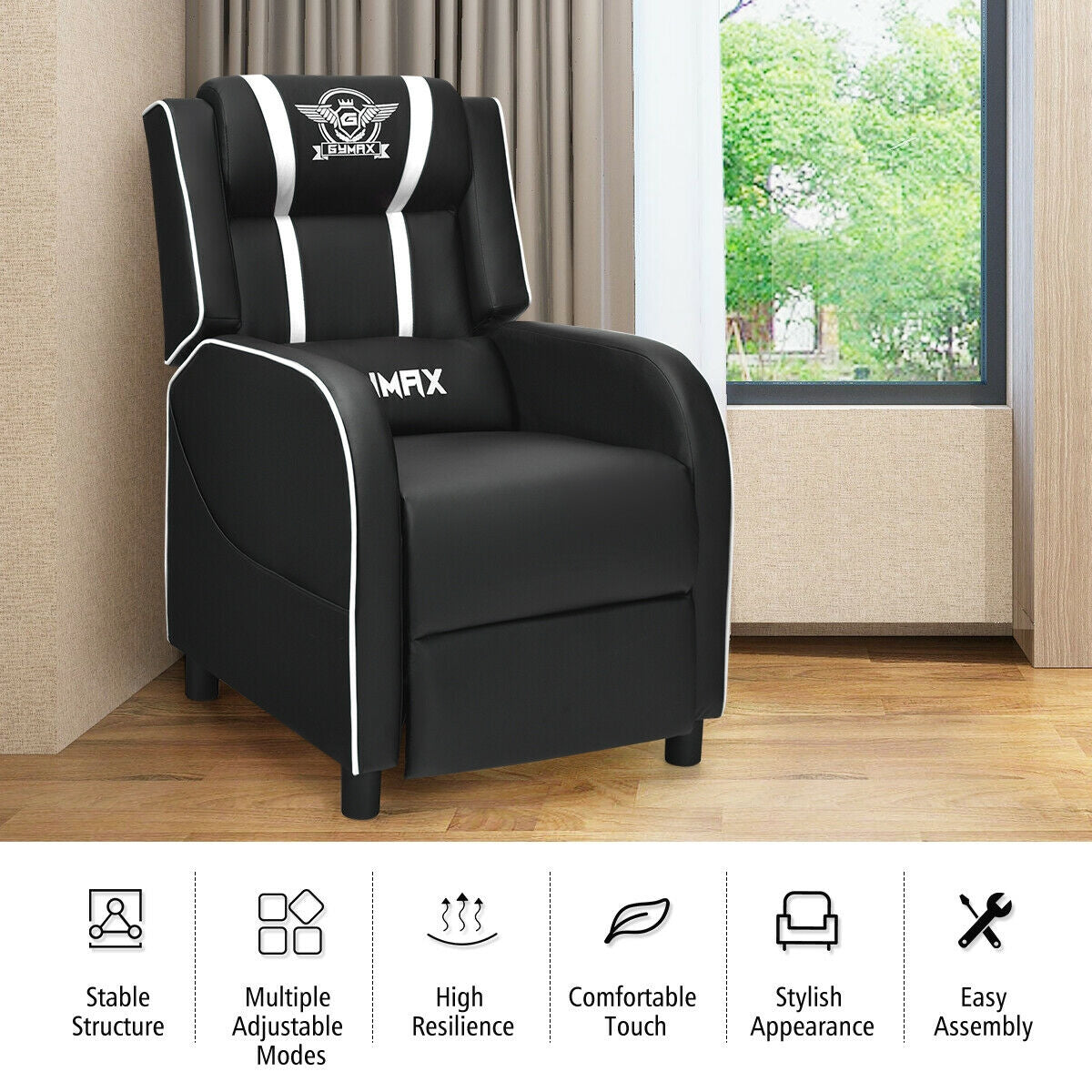 Massage Racing Gaming Single Recliner Chair-White