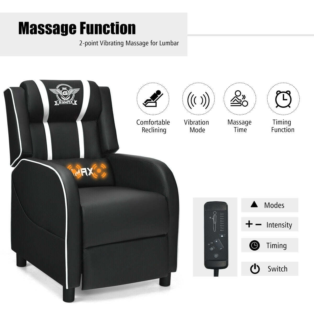 Massage Racing Gaming Single Recliner Chair-White