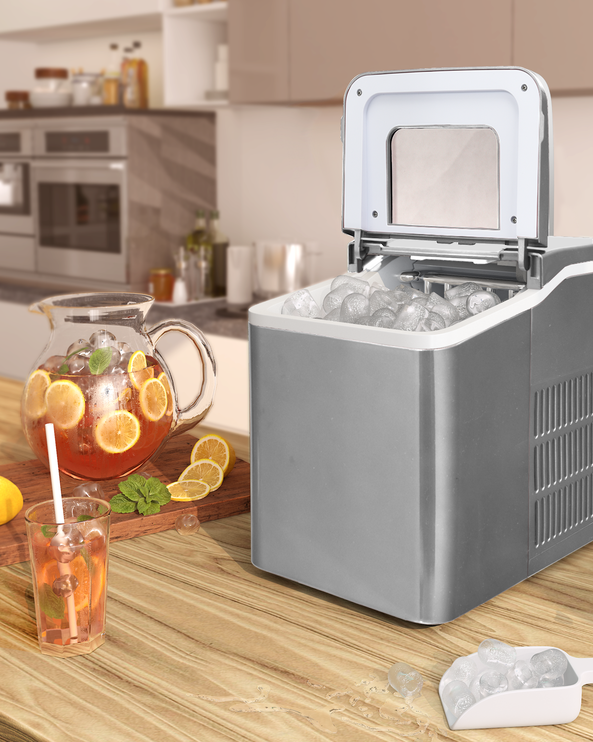 26lbs/24h Portable Countertop Ice Maker Machine with Scoop 9 Ice Cubes Ready in 8 minutes-Silver