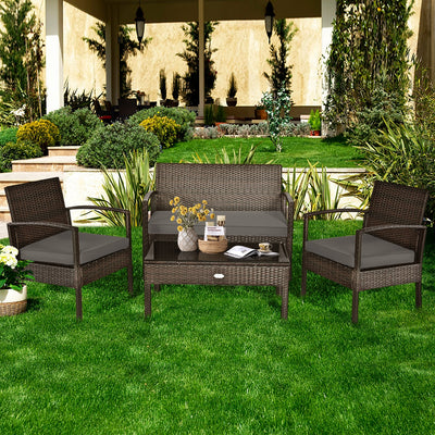 4 Pieces Patio Rattan Cushioned Furniture Set with Loveseat and Table -BrownÂ 