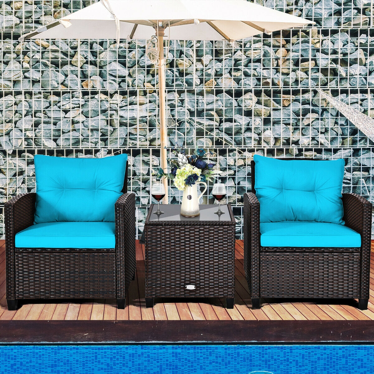 3 Pieces Cushioned Rattan Patio Conversation Set with Coffee Table-Turquoise