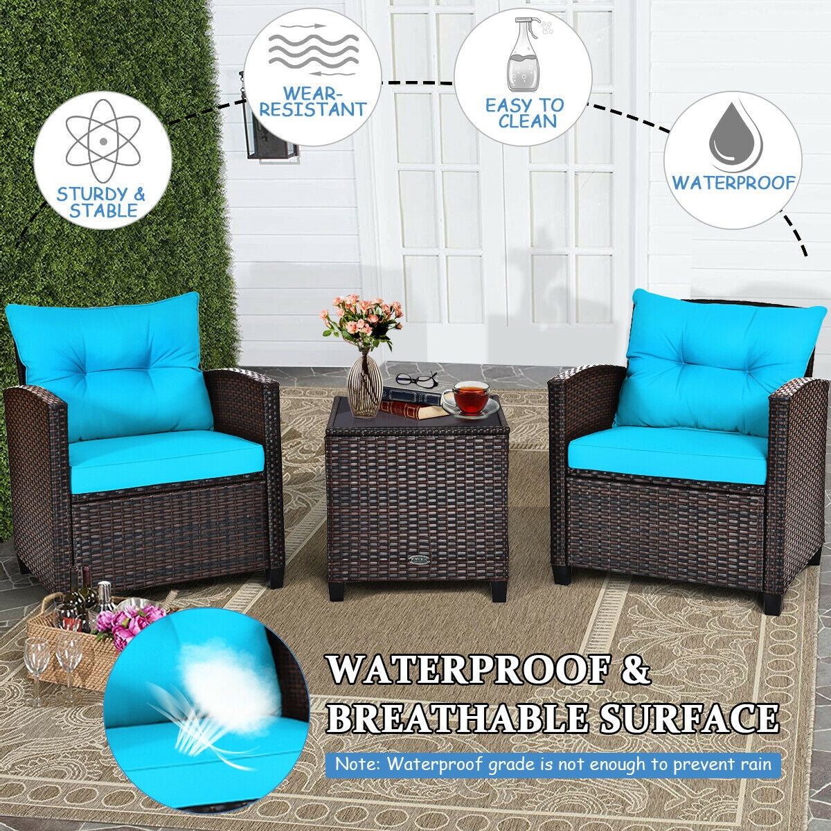 3 Pieces Cushioned Rattan Patio Conversation Set with Coffee Table-Turquoise