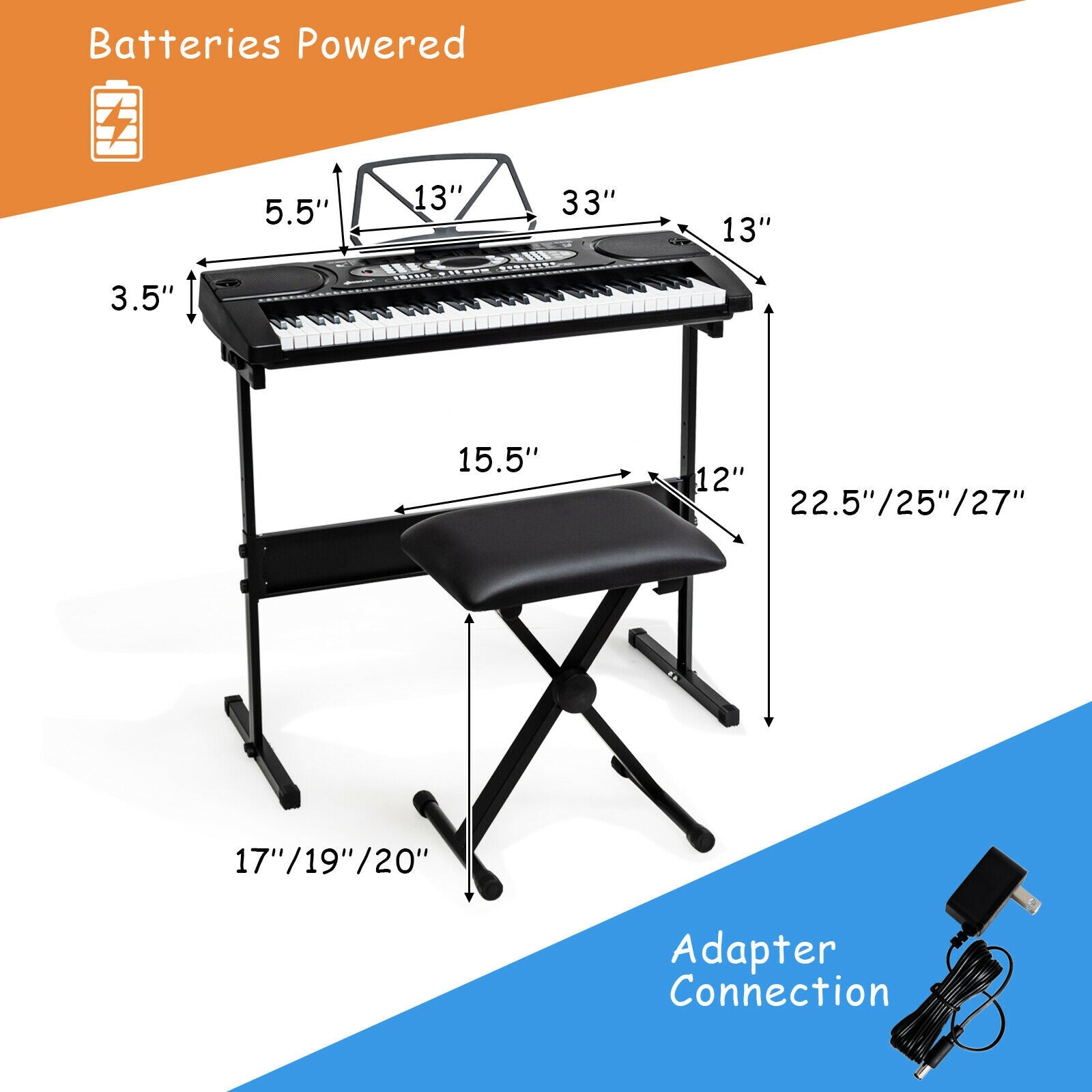 61 Key Electronic Piano with Lighted Keys Stand Bench Headphone