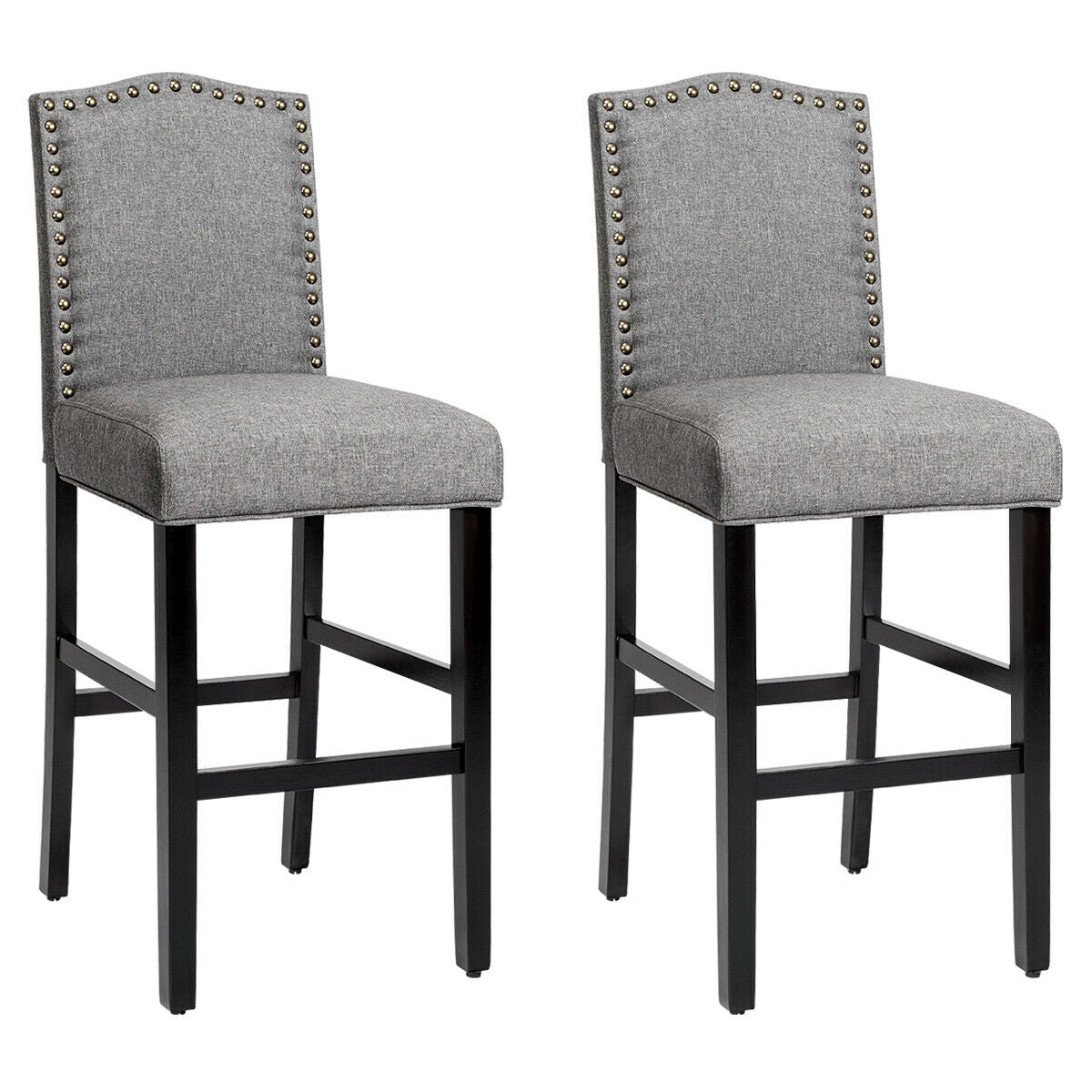 Set of 2 Bar Stools 30 Inch Upholstered Kitchen Nailhead Bar Chairs-Gray