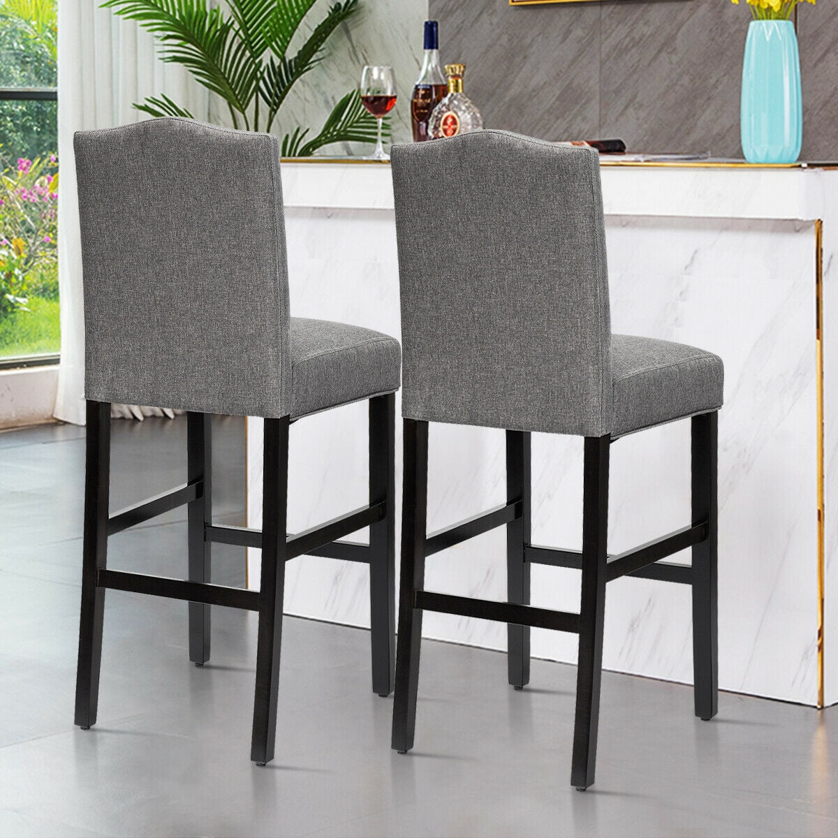 Set of 2 Bar Stools 30 Inch Upholstered Kitchen Nailhead Bar Chairs-Gray