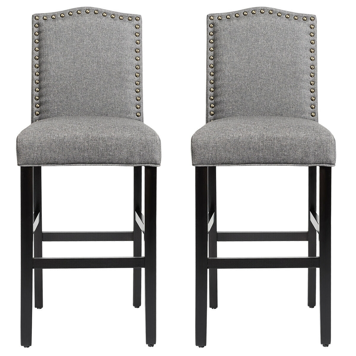 Set of 2 Bar Stools 30 Inch Upholstered Kitchen Nailhead Bar Chairs-Gray