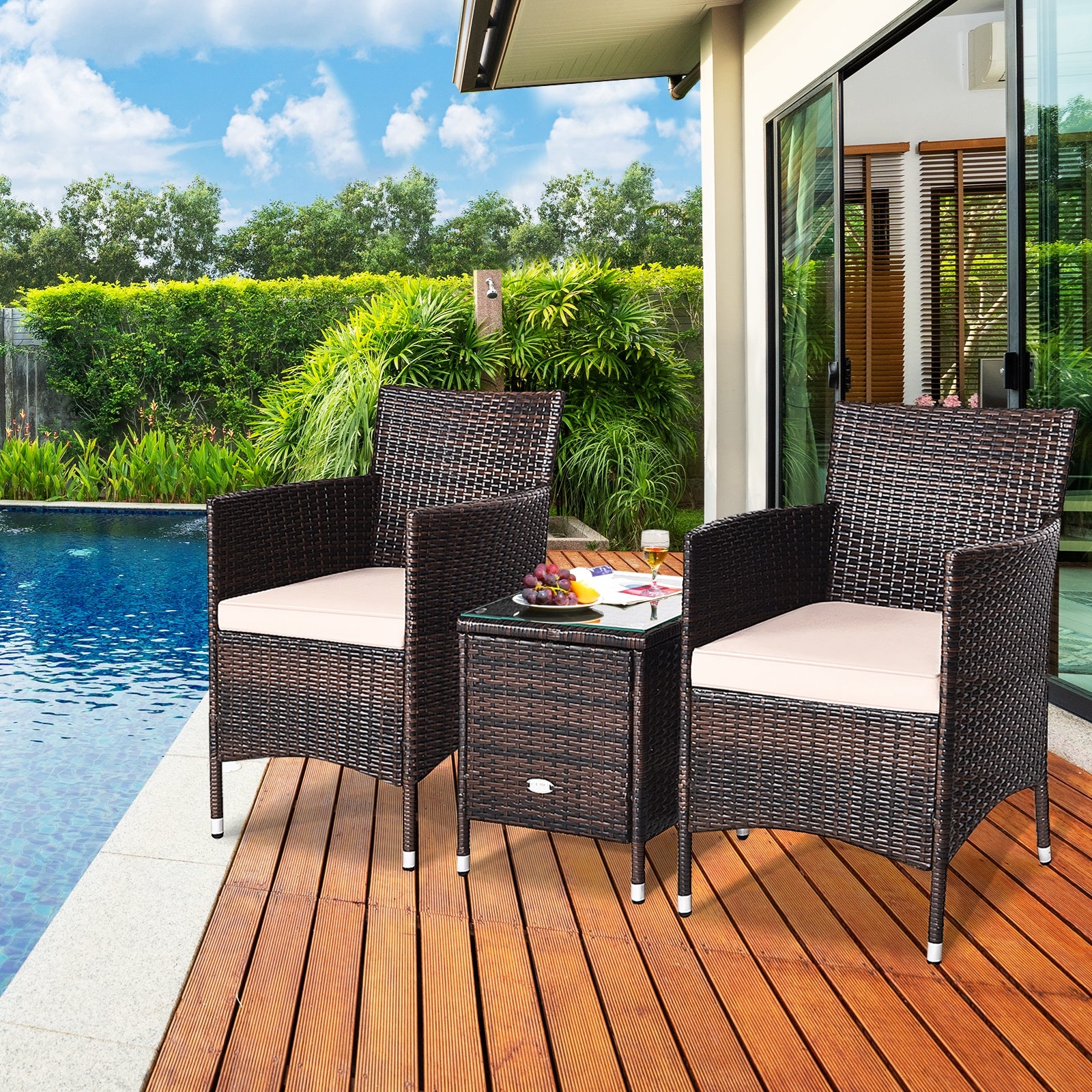 3 Pcs Patio Furniture Set Outdoor Wicker Rattan Set-Beige