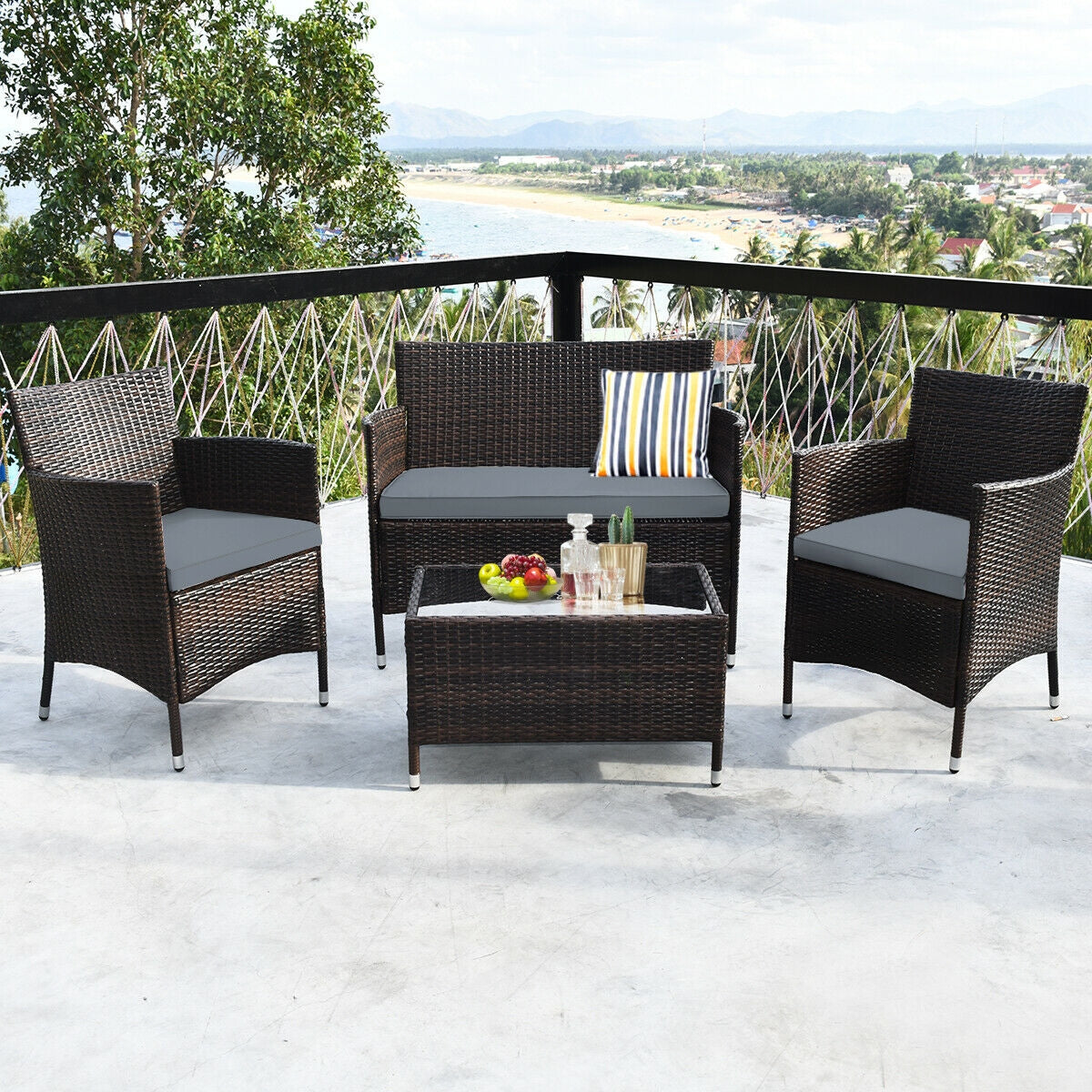 4 Pieces Comfortable Outdoor Rattan Sofa Set with Glass Coffee Table-Gray