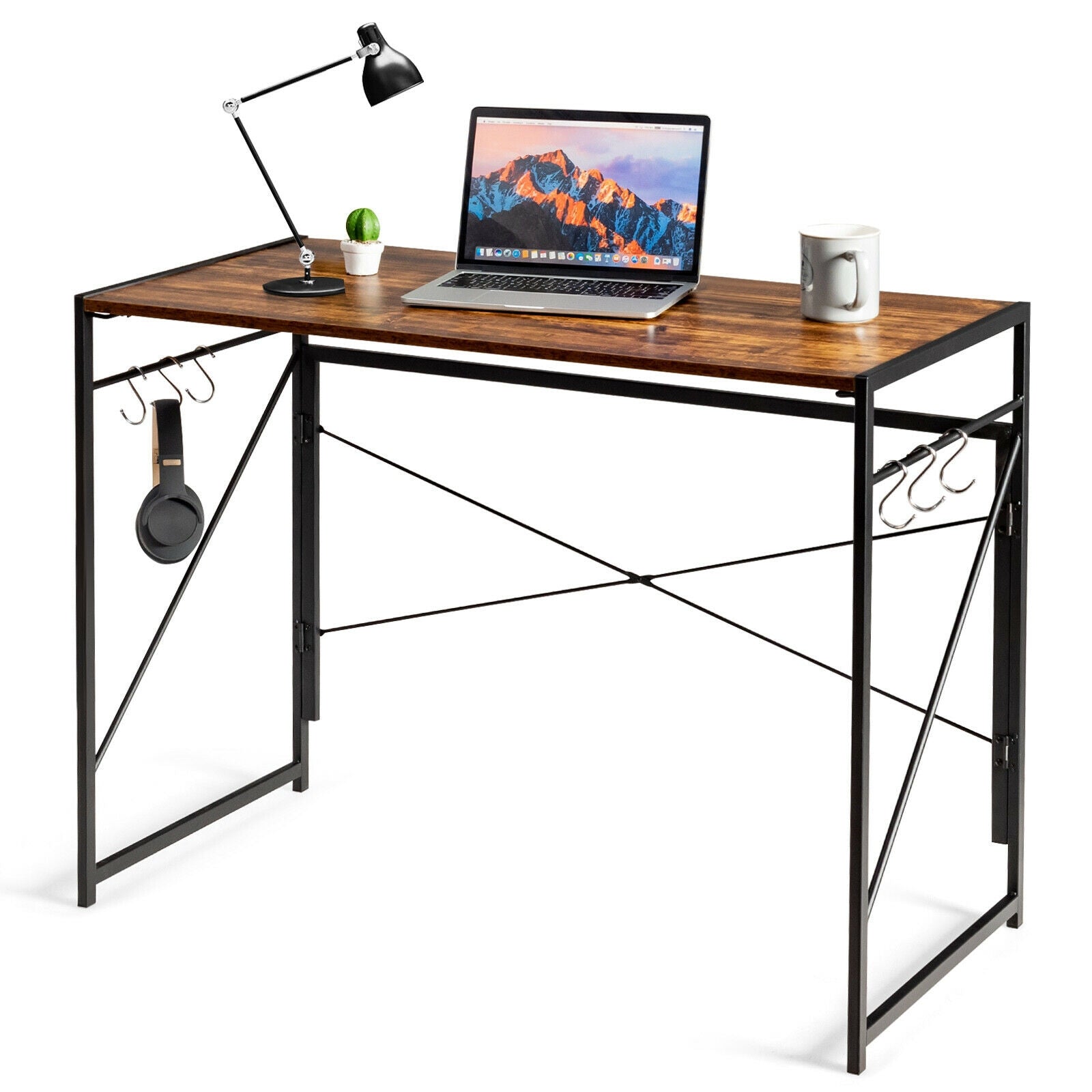 Folding Computer Desk Writing Study Desk Home Office with 6 Hooks-Rustic Brown