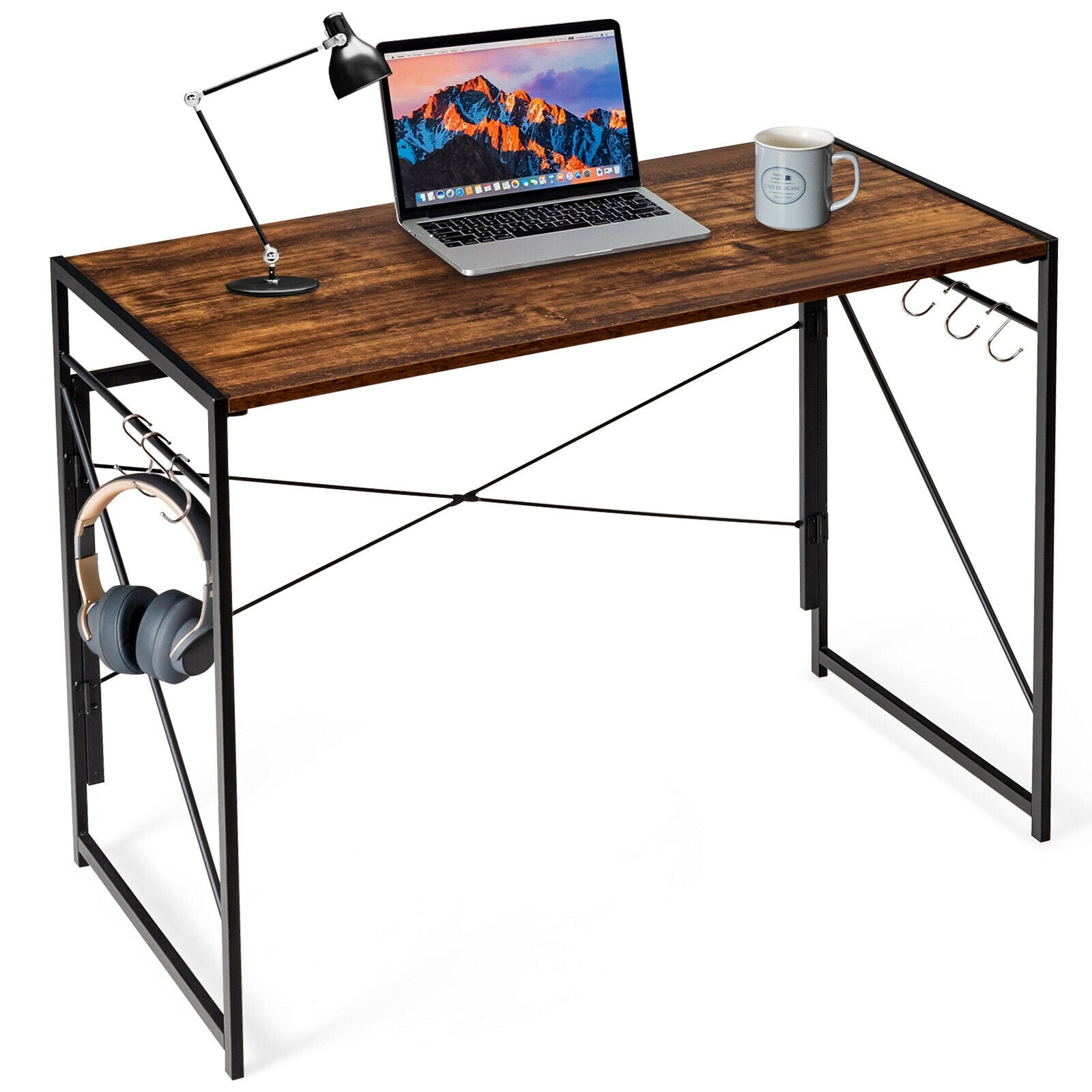 Folding Computer Desk Writing Study Desk Home Office with 6 Hooks-Rustic Brown