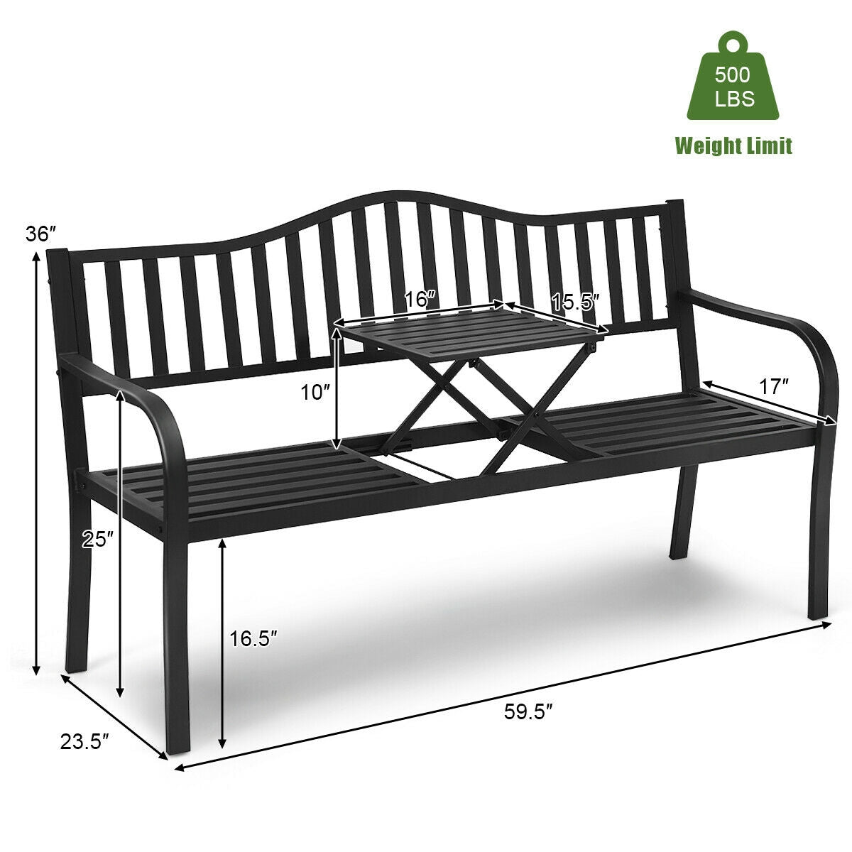 Patio Garden Bench Steel Frame with Adjustable Center Table