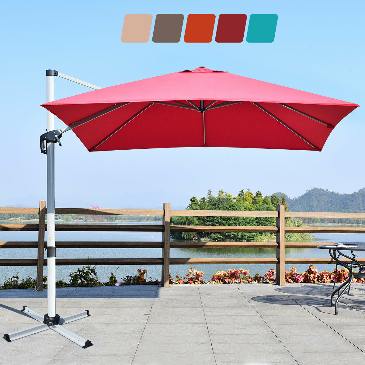 10 ft 360 Degree Tilt Aluminum Square Patio Offset Cantilever Umbrella without Weight Base-BurgundyÂ 