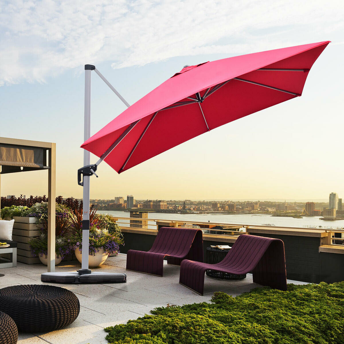 10 ft 360 Degree Tilt Aluminum Square Patio Offset Cantilever Umbrella without Weight Base-BurgundyÂ 