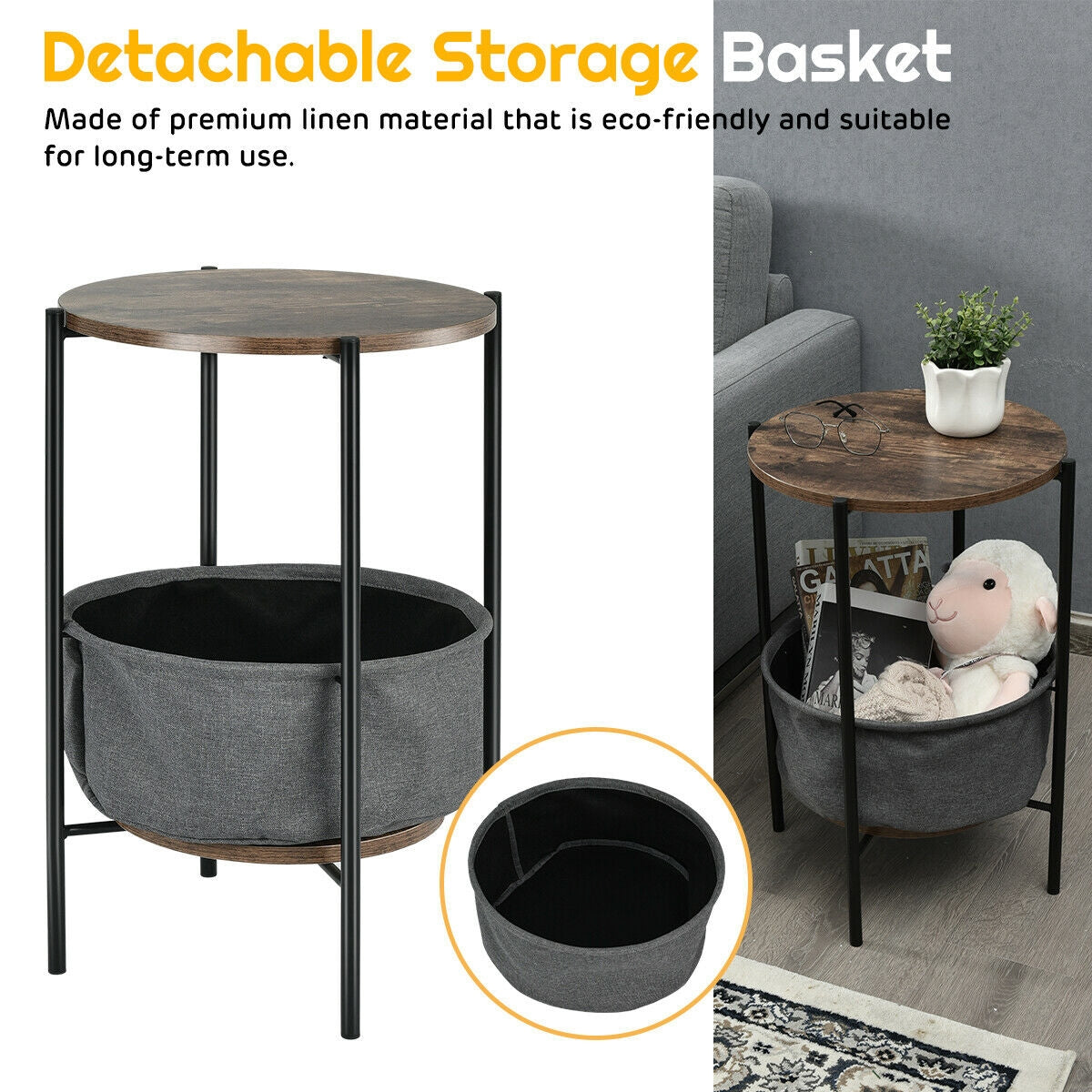 Industrial Round End Side Table Sofa with StorageÂ 