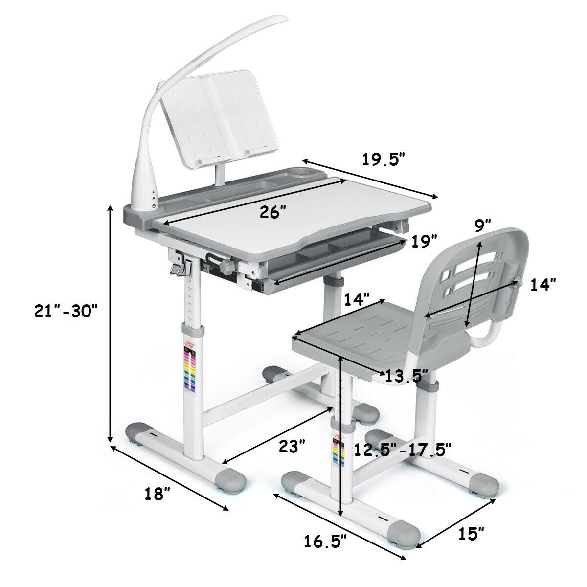 Adjustable Kids Desk Chair Set with Lamp and Bookstand-Gray