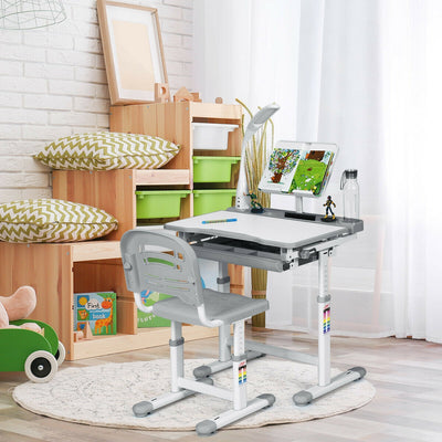 Adjustable Kids Desk Chair Set with Lamp and Bookstand-GrayÂ 