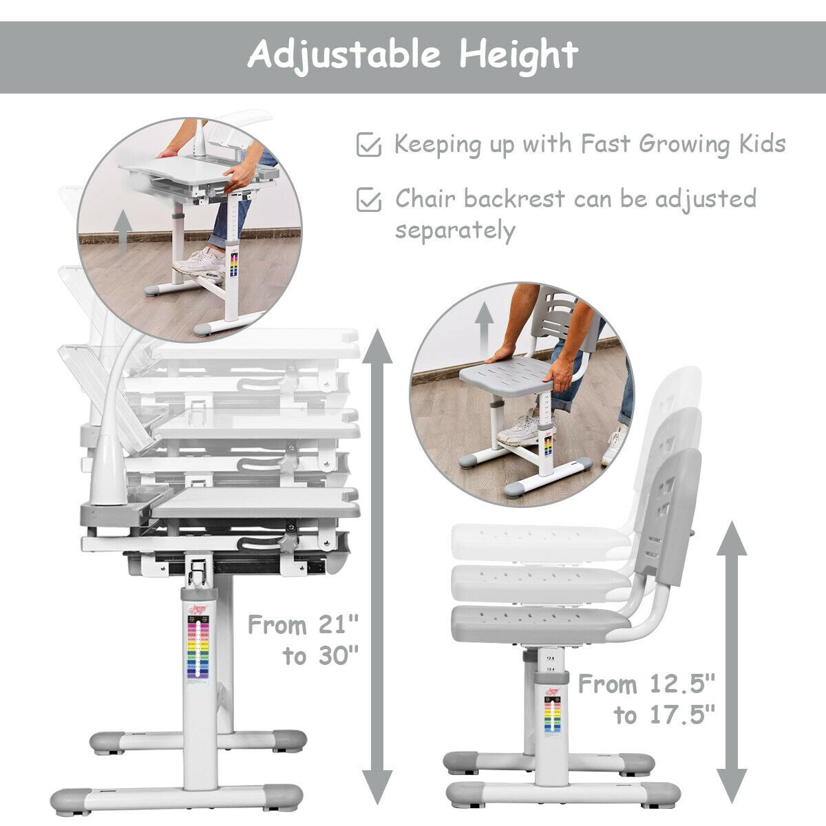 Adjustable Kids Desk Chair Set with Lamp and Bookstand-Gray