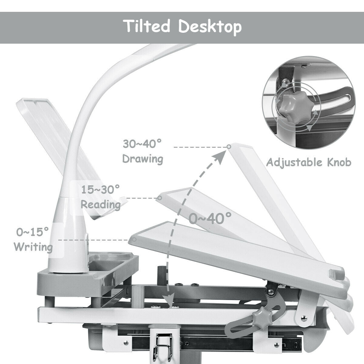 Adjustable Kids Desk Chair Set with Lamp and Bookstand-Gray