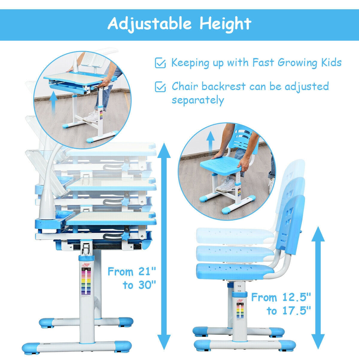 Adjustable Kids Desk Chair Set with Lamp and Bookstand-Blue