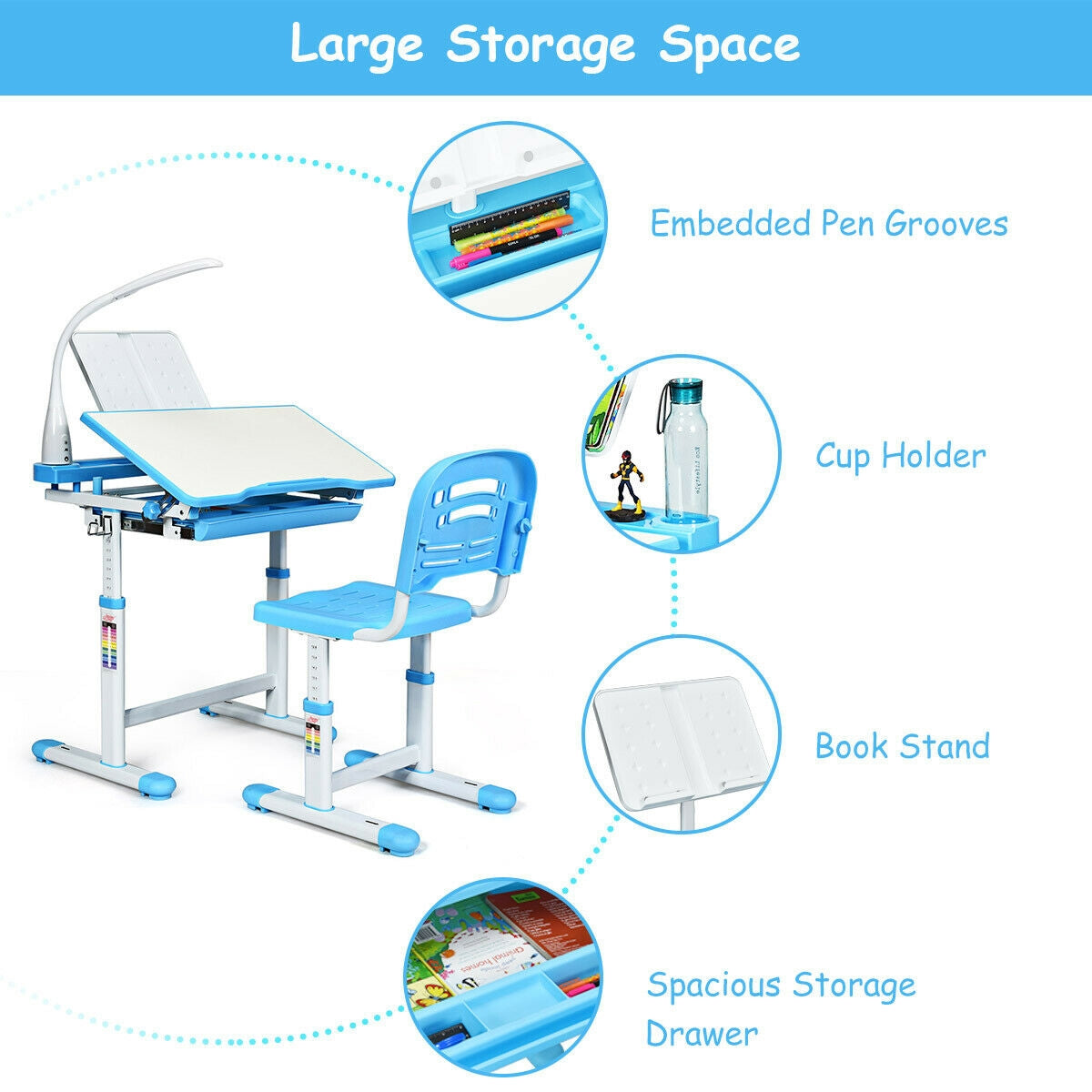 Adjustable Kids Desk Chair Set with Lamp and Bookstand-Blue