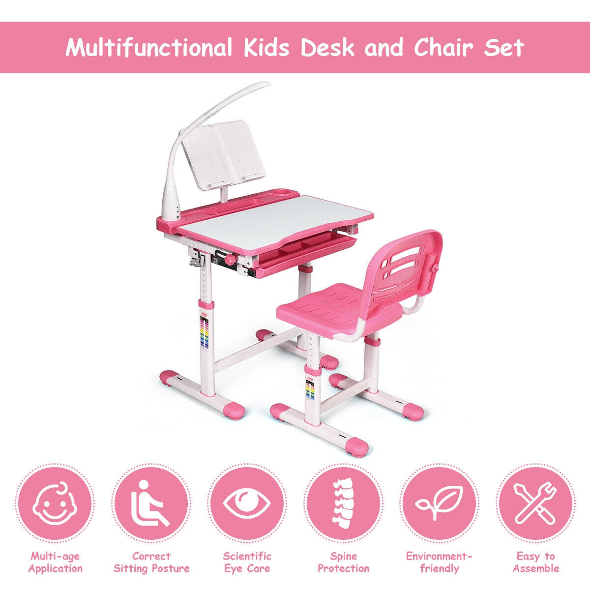 Adjustable Kids Desk Chair Set with Lamp and Bookstand-Pink