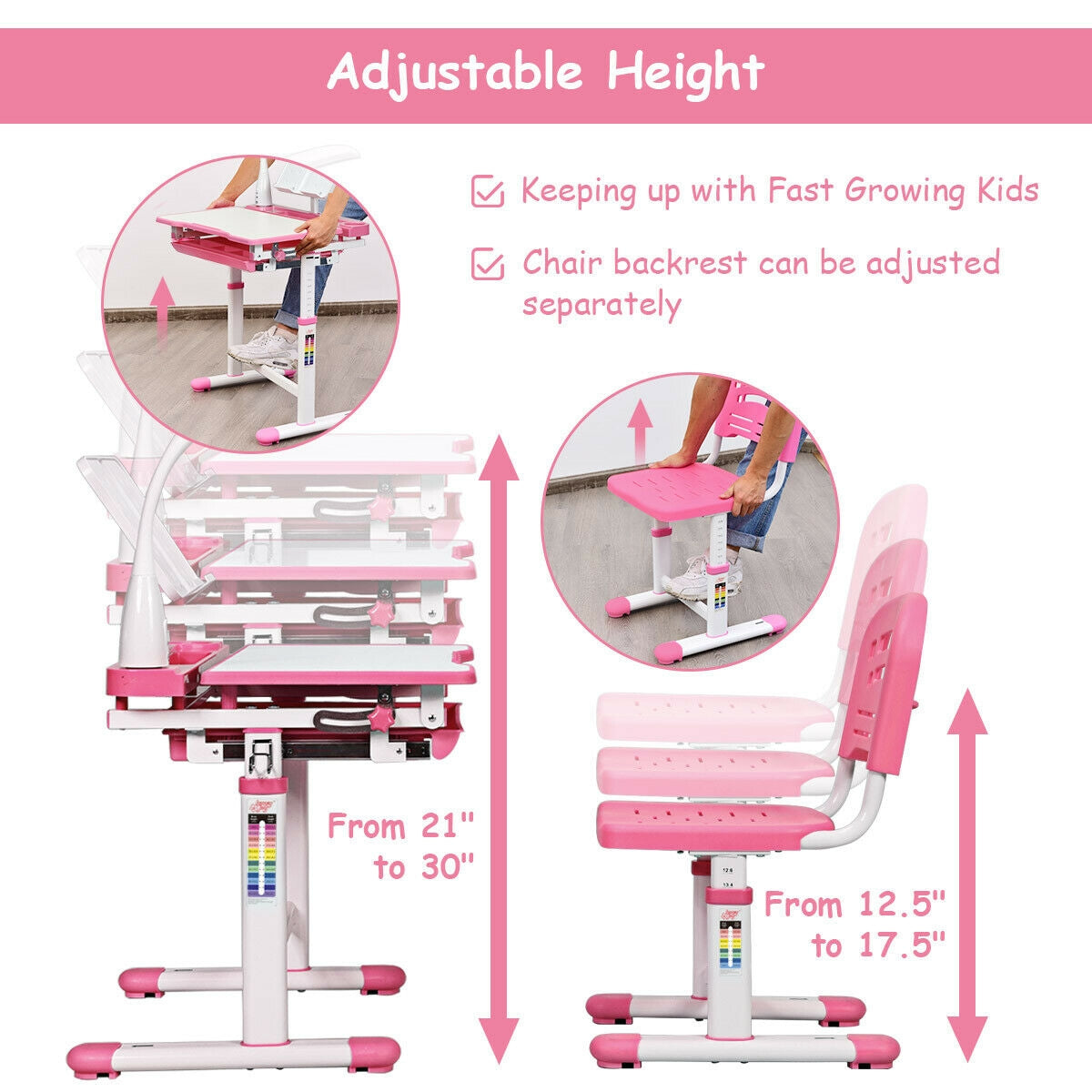 Adjustable Kids Desk Chair Set with Lamp and Bookstand-Pink