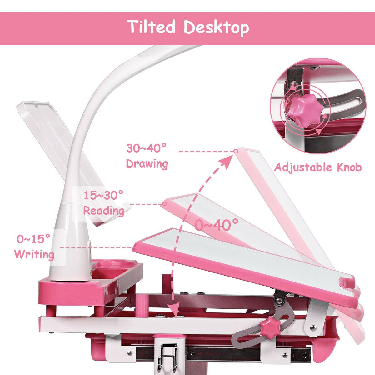 Adjustable Kids Desk Chair Set with Lamp and Bookstand-Pink