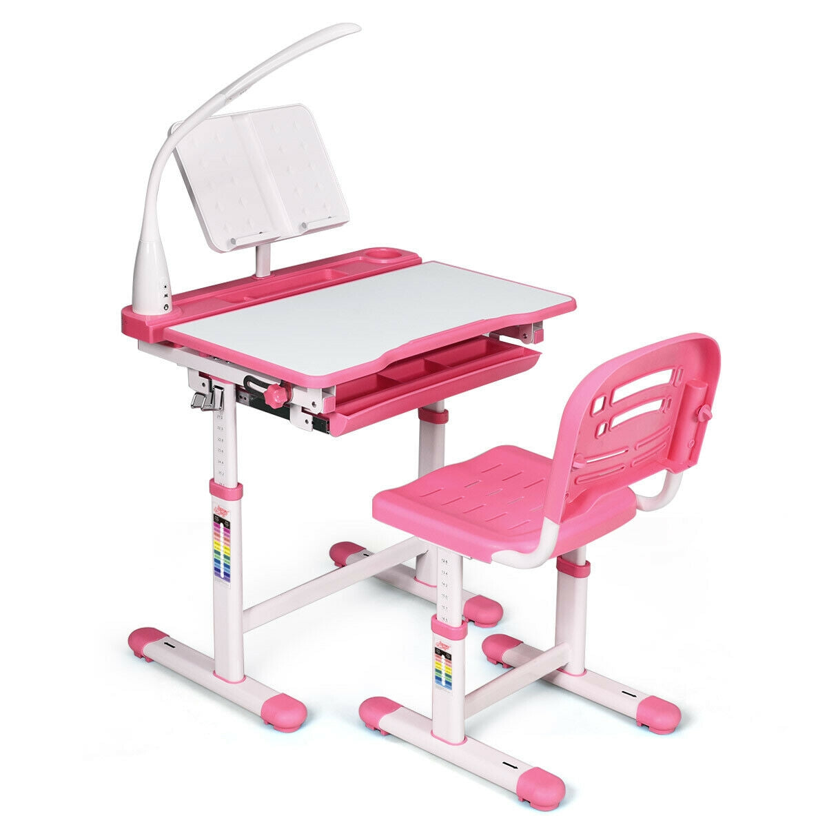 Adjustable Kids Desk Chair Set with Lamp and Bookstand-Pink